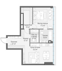 Планировка однокомнатной(квартира) площадью 74 квадратных метров в ЖК “Клубный квартал "Фрунзенская набережная"”