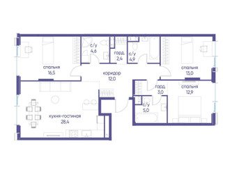 Планировка трехкомнатной(квартира) площадью 102.7 квадратных метров в ЖК “ЖК Событие”