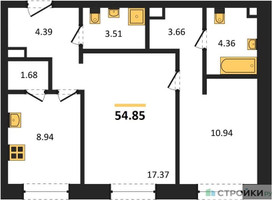 Планировка двухкомнатной(квартира) площадью 54.85 квадратных метров в “ЖК УЛЬТИМА Сити”