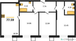Планировка трехкомнатной(квартира) площадью 77.59 квадратных метров в “ЖК Бархат”