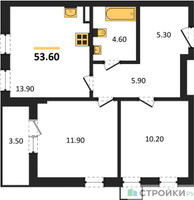 Планировка двухкомнатной(квартира) площадью 53.6 квадратных метров в “ЖК Деснаречье”