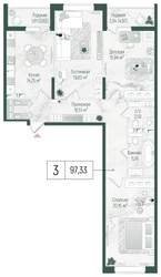 Планировка трехкомнатной(квартира) площадью 101.19 квадратных метров в ЖК “ЖК Рига Хиллс”