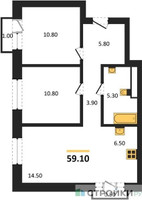 Планировка двухкомнатной(квартира) площадью 59.1 квадратных метров в “ЖК Квартал Метроном”