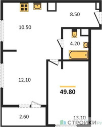 Планировка однокомнатной(квартира) площадью 49.8 квадратных метров в ЖК “ЖК Sydney City (Сидней Сити)”