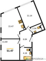 Планировка двухкомнатной(квартира) площадью 51.47 квадратных метров в “ЖК Движение. Говорово”