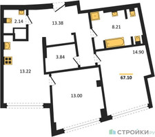 Планировка двухкомнатной(квартира) площадью 68.3 квадратных метров в “ЖК Маршал”