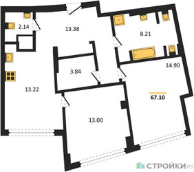 Планировка двухкомнатной(квартира) площадью 68.3 квадратных метров в ЖК “ЖК Маршал”