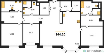 Планировка трехкомнатной(квартира) площадью 164.2 квадратных метров в ЖК “ЖК Хамовники 12”