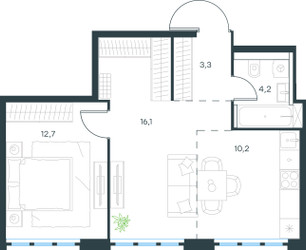 Планировка двухкомнатной(квартира) площадью 46.5 квадратных метров в ЖК “ЖК Level Южнопортовая”