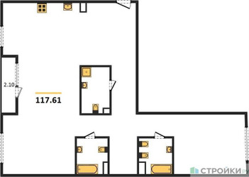Планировка двухкомнатной(квартира) площадью 118.4 квадратных метров в ЖК “Квартал Foriver”