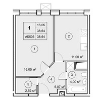 Планировка однокомнатной(квартира) площадью 38.7 квадратных метров в “ЖК Экоград Новый Катуар”