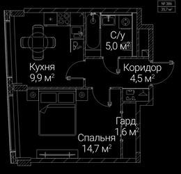 Планировка однокомнатной(квартира) площадью 35.7 квадратных метров в ЖК “ЖК СЕЗАР БУДУЩЕЕ”