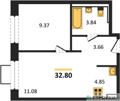Планировка однокомнатной(квартира) площадью 32.8 квадратных метров в “ЖК Новое Видное”
