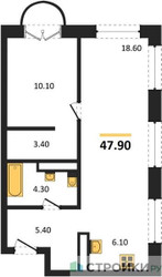 Планировка однокомнатной(квартира) площадью 47.9 квадратных метров в ЖК “ЖК Новые смыслы”