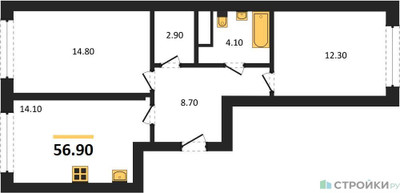 Планировка двухкомнатной(квартира) площадью 56.9 квадратных метров в ЖК “ЖК Переделкино Ближнее”