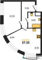 Планировка однокомнатной(апартаменты) площадью 37.33 квадратных метров в “ЖК Движение. Говорово”