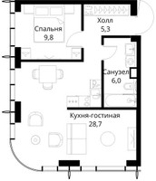 Планировка однокомнатной(квартира) площадью 49.8 квадратных метров в “ЖК Сити Бэй”