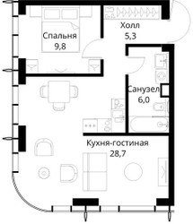 Планировка однокомнатной(квартира) площадью 49.8 квадратных метров в ЖК “ЖК Сити Бэй”