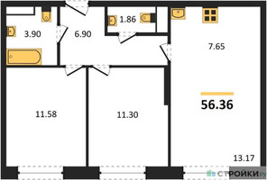 Планировка двухкомнатной(квартира) площадью 56.36 квадратных метров в “ЖК Движение. Говорово”