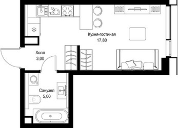 Планировка студии(квартира) площадью 25.8 квадратных метров в ЖК “Мультиквартал СИТИДЗЕН”
