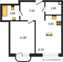 Планировка однокомнатной(квартира) площадью 38.6 квадратных метров в “Жилой район Alia (Алиа)”