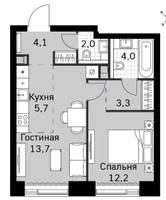 Планировка двухкомнатной(квартира) площадью 45 квадратных метров в ЖК “ЖК Amber City (Амбер Сити)”