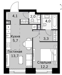 Планировка двухкомнатной(квартира) площадью 45.6 квадратных метров в ЖК “ЖК Amber City (Амбер Сити)”