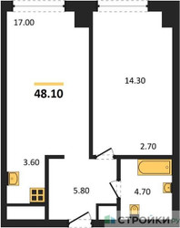 Планировка однокомнатной(квартира) площадью 48.1 квадратных метров в ЖК “ЖК Very (Вери)”