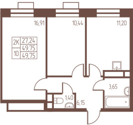 Планировка двухкомнатной(квартира) площадью 49.8 квадратных метров в ЖК “ЖК Западная Ивантеевка”