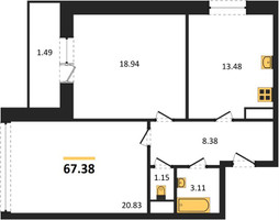 Планировка двухкомнатной(квартира) площадью 67.38 квадратных метров в “ЖК Эдельвейс (Первомайское)”
