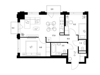 Планировка двухкомнатной(квартира) площадью 48.4 квадратных метров в ЖК “ЖК Лосиноостровский парк”