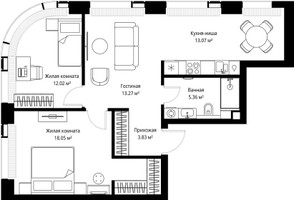 Планировка двухкомнатной(квартира) площадью 65.6 квадратных метров в “ЖК Веер”