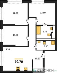 Планировка трехкомнатной(квартира) площадью 70.7 квадратных метров в ЖК “ЖК Символ”