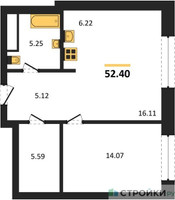 Планировка однокомнатной(апартаменты) площадью 52.4 квадратных метров в “ЖК Клубный дом КОСМО 4/22”