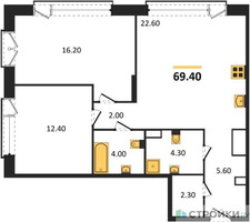 Планировка двухкомнатной(квартира) площадью 69.4 квадратных метров в “ЖК The LAKE (Лэйк)”