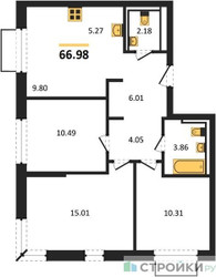 Планировка трехкомнатной(квартира) площадью 66.98 квадратных метров в ЖК “ЖК Пригород Лесное”
