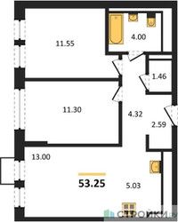 Планировка двухкомнатной(квартира) площадью 53.25 квадратных метров в ЖК “ЖК Богдановский Лес”