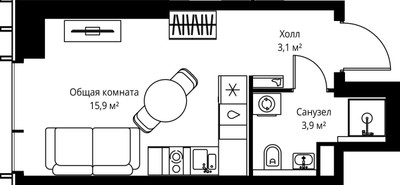 Планировка студии(квартира) площадью 22.9 квадратных метров в ЖК “ЖК Веер”