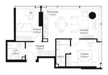 Планировка двухкомнатной(квартира) площадью 67.1 квадратных метров в ЖК “ЖК Слава”