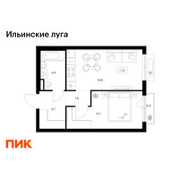 Планировка однокомнатной(квартира) площадью 37.4 квадратных метров в “ЖК Ильинские луга”