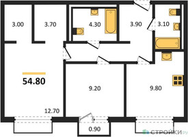 Планировка двухкомнатной(квартира) площадью 54.8 квадратных метров в “ЖК Равновесие”