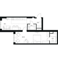 Планировка однокомнатной(квартира) площадью 54.8 квадратных метров в “ЖК Нексус от Аквилон”