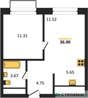 Планировка однокомнатной(квартира) площадью 36.9 квадратных метров в “ЖК Новоград Павлино”