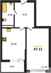 Планировка однокомнатной(квартира) площадью 47.11 квадратных метров в ЖК “ЖК Riga Hills (Рига Хиллс)”