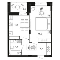 Планировка однокомнатной(квартира) площадью 40.4 квадратных метров в “ЖК Времена года”
