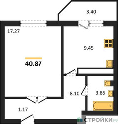 Планировка однокомнатной(квартира) площадью 40.87 квадратных метров в ЖК “ЖК Москворецкий”