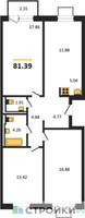 Планировка трехкомнатной(квартира) площадью 81.39 квадратных метров в “ЖК Квартал Западный”