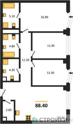 Планировка трехкомнатной(квартира) площадью 88.4 квадратных метров в ЖК “ЖК Айс Тауэрс”