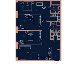 Планировка 4+ комнатной(квартира) площадью 97.1 квадратных метров в ЖК “Квартал Эра”