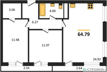Планировка двухкомнатной(квартира) площадью 64.7 квадратных метров в ЖК “ЖК Южная Долина”